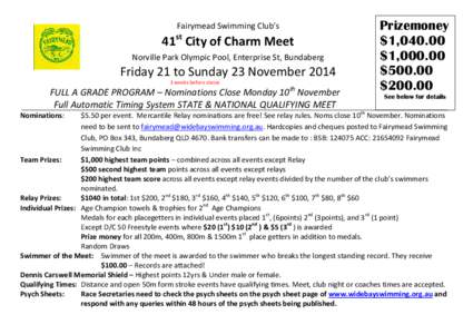 Fairymead Swimming Club’s st 41 City of Charm Meet Norville Park Olympic Pool, Enterprise St, Bundaberg