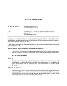 LETTER OF UNDERSTANDING  BY AND BETWEEN: TARMAC GRINDING LTD. (Hereinafter the Company)