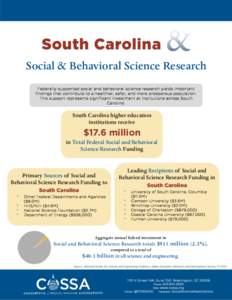 South Carolina Social & Behavioral Science Research Federally-supported social and behavioral science research yields important findings that contribute to a healthier, safer, and more prosperous population. This support