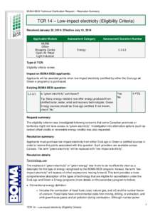 BOMA BESt Technical Clarification Request – Resolution Summary  TCR 14 – Low-impact electricity (Eligibility Criteria) Resolved January 22, 2014; Effective July 15, 2014 Applicable Module