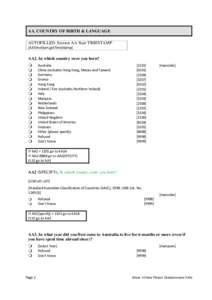 AA. COUNTRY OF BIRTH & LANGUAGE AUTOFILLED: Section AA Start TIMESTAMP [AATimeStart.getTimeStamp] AA2. In which country were you born?  Australia