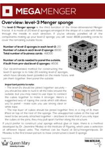 MEGAMENGER Overview: level-3 Menger sponge The level-3 Menger sponge is the third iteration of the three-dimensional Menger fractal. It is made of 20 level-2 sponges arranged in the shape of a cube with holes through the