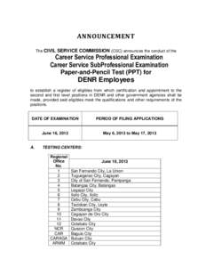 ANNOUNCEMENT The CIVIL SERVICE COMMISSION (CSC) announces the conduct of the Career Service Professional Examination Career Service SubProfessional Examination Paper-and-Pencil Test (PPT) for