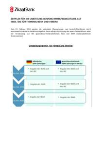 ZEITPLAN FÜR DIE UMSETZUNG KONTONUMMER/BANKLEITZAHL AUF IBAN / BIC FÜR FIRMENKUNDEN UND VEREINE Zum 01. Februar 2014 werden die nationalen Überweisungs- und Lastschriftverfahren durch europaweit einheitliche Verfahren