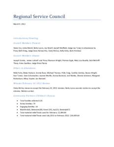 Regional Service Council March 9, 2012 Introductions/Greeting Council Members Present: Steve Cox, Linda Marsh, Betty Lyons, Joy Woolf, Jeanell Sheffield, Judge Jay Toney in attendance by