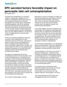 EPC secreted factors favorably impact on pancreatic islet cell cotransplantation