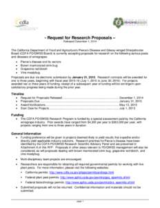 - Request for Research Proposals – - Released December 1, The California Department of Food and Agriculture’s Pierce’s Disease and Glassy-winged Sharpshooter Board (CDFA PD/GWSS Board) is currently accepting