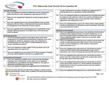 2013	
  Nationwide	
  Cyber	
  Security	
  Review	
  Question	
  Set	
   	
   Security	
  Program	
   1.	
   2.	
   	
  