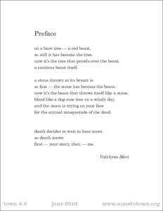 Preface on a bare tree — a red beast, so still it has become the tree. now it’s the tree that prowls over the beast, a cautious beast itself. a stone thrown at its breast is