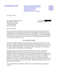 U.S. Department of Labor  Office of Labor-Management Standards Kansas City Resident Investigator Office Two Pershing Square Bldg[removed]Main Street, Suite 1000