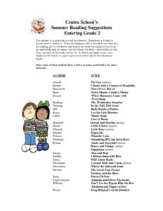 Centre School’s Summer Reading Suggestions Entering Grade 2 The summer is a great time to read for pleasure. Sometimes it is hard to decide what to read next. When this happens, talk to friends to see what they are rea