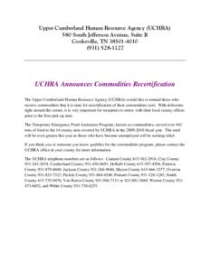 UCHRA Announces Commodities Recertification