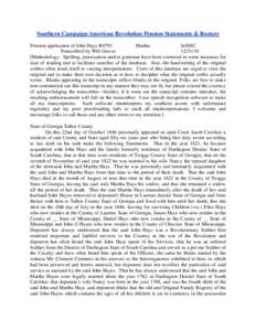 Southern Campaign American Revolution Pension Statements & Rosters Pension application of John Hays R4793 Martha fn50SC Transcribed by Will Graves[removed]