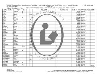 MOUNT CARMEL AREA PUBLIC LIBRARY OBITUARY INDEX AND MCA MILITARY INFO. COMPILED BY ROBERT MILLER COPYRIGHTED[removed]SOUTH OAK ST. AREA NEWSPAPERS COVERING NORTHUMBERLAND, SCHUYLKILL, COLUMBIA COUNTY MOUNT CARMEL, P