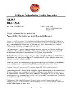 California Nations Indian Gaming Association  NEWS RELEASE FOR IMMEDIATE RELEASE