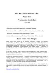 Prix Ibni Oumar Mahamat Saleh Année 2014 Proclamation des résultats 3 février[removed]Anne Gégout-Petit, présidente de la Société Française de Statistique,