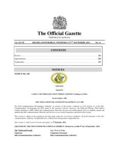 The Official Gazette Published by Authority BRADES, MONTSERRAT, WEDNESDAY 27TH NOVEMBER, 2013 Vol. XLVII