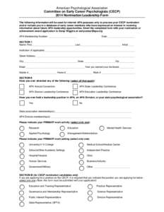 American Psychological Association Committee on Early Career Psychologists (CECP[removed]Nomination/Leadership Form The following information will be used for internal APA purposes only to process your CECP nomination and/