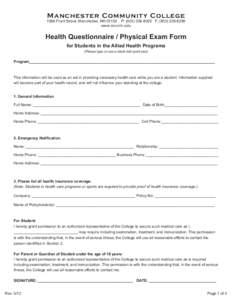 Manchester Community College[removed]Front Street, Manchester, NH[removed]P: ([removed]F: ([removed]www.mccnh.edu  Health Questionnaire / Physical Exam Form