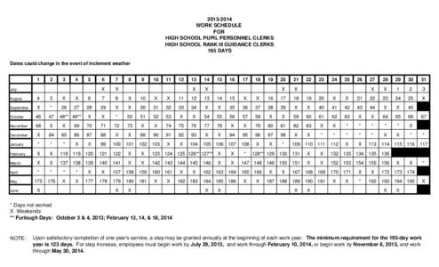 [removed]WORK SCHEDULE FOR HIGH SCHOOL PUPIL PERSONNEL CLERKS HIGH SCHOOL RANK III GUIDANCE CLERKS 195 DAYS