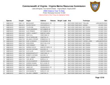Commonwealth of Virginia - Virginia Marine Resources Commission Lewis Gillingham, Tournament Director - Virginia Beach, Virginia[removed]Citations Year To Date Printed: Wednesday November[removed]Citations Enterd in P