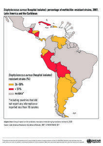 Staphylococcus aureus (hospital isolates): percentage of methicillin-resistant strains, 2007, Latin America and the Caribbean