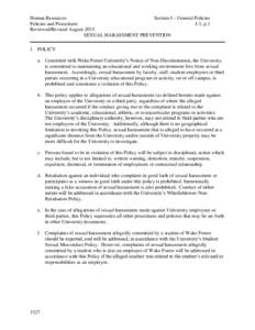 Human Resources Section I – General Policies Policies and Procedures I-3, p.1 Reviewed/Revised August 2015 SEXUAL HARASSMENT PREVENTION