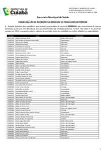 PREFEITURA DO MUNICÍPIO DE CUIABÁ SECRETARIA MUNICIPAL DE SAÚDE EDITAL N° 01, DE 29 DE OUTUBRO DE 2014 Secretaria Municipal de Saúde HOMOLOGAÇÃO DE INSCRIÇÃO NA CONDIÇÃO DE PESSOA COM DEFICIÊNCIA