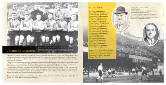 Promotion Beckons  The Canaries’ line-up for the 1932–33 season. Back row (left to right): Bernard Robinson, Joe Hannah, Robert Robinson, Bob Young (trainer), Stan Ramsay, Doug Lochhead. Front row: Ken Burditt, Tom S