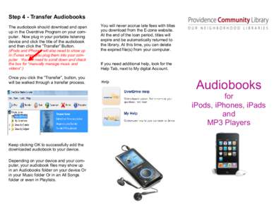 Step 4 - Transfer Audiobooks The audiobook should download and open up in the Overdrive Program on your computer. Now plug in your portable listening device and click the title of the audiobook and then click the “Tran