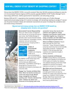 HOW WILL ENERGY STAR® BENEFIT MY SHOPPING CENTER? Did you know that ENERGY STAR is not just for products? More than 300,000 commercial buildings are using the U.S. Environmental Protection Agency’s (EPA’s) recently 