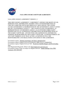 NASA OPEN SOURCE SOFTWARE AGREEMENT  NASA OPEN SOURCE AGREEMENT VERSION 1.3 THIS OPEN SOURCE AGREEMENT (