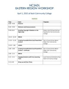NC3ADL EASTERN REGION WORKSHOP April 1, 2015 at Nash Community College AGENDA Time 9:00 – 9:30