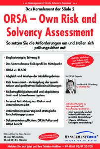 +++ Management Circle Intensiv-Seminar +++  Das Kernelement der Säule 2 ORSA – Own Risk and Solvency Assessment