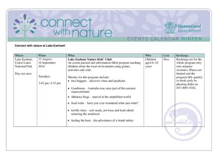 Connect with nature events calendar winter Lake Eacham