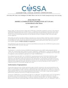 1701 K Street NW, Suite 1150 • Washington, DC 20006 • Phone: ( • Email:  • www.cossa.org  ANALYSIS OF THE AMERICA COMPETES REAUTHORIZATION ACT OF 2015 As Introduced in the House April 