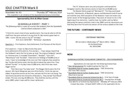 IDLE CHATTER Mark ll Newsletter No: 82 Thursday 20th February[removed]This newsletter is an initiative of the Quandialla Centenary Committee