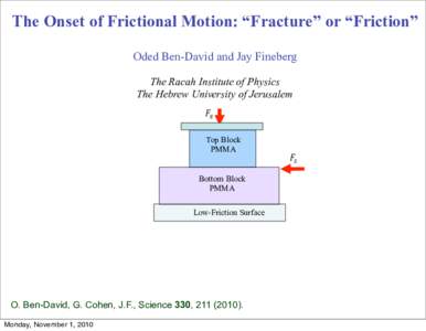 The Onset of Frictional Motion: “Fracture” or “Friction” Oded Ben-David and Jay Fineberg The Racah Institute of Physics The Hebrew University of Jerusalem  Top Block