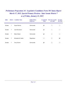 Preliminary Proposition 34 - Legislative Candidates Form 501 Status Report March 17, 2015, Special Primary Election - State Senate District 7 as of Friday, January 23, 2015 Office  District