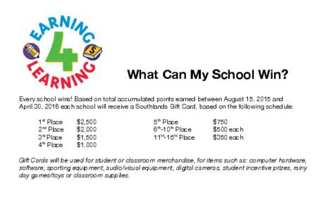 What Can My School Win? Every school wins! Based on total accumulated points earned between August 15, 2015 and April 30, 2016 each school will receive a Southlands Gift Card, based on the following schedule: 1st Place 2