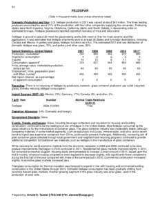 54  FELDSPAR (Data in thousand metric tons unless otherwise noted) Domestic Production and Use: U.S. feldspar production in 2011 was valued at about $43 million. The three leading producers accounted for about 71% of the