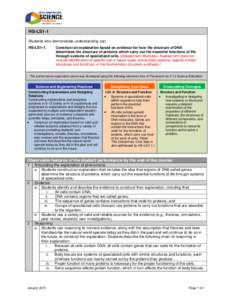 HS-LS1-1 Students who demonstrate understanding can: HS-LS1-1. Construct an explanation based on evidence for how the structure of DNA determines the structure of proteins which carry out the essential functions of life