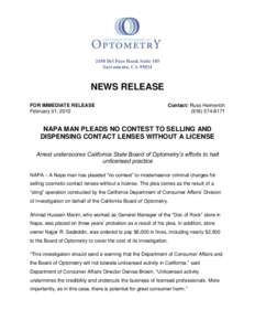 Califonria Board of Optometry News Release - Napa Man Pleads No Contest to Selling and Dispensing Contact Lenses Without a License