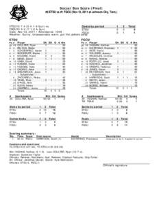 Soccer Box Score (Final) #6 ETSU vs #1 FGCU (Nov 13, 2011 at Johnson City, Tenn.)