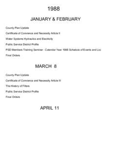 1988 JANUARY & FEBRUARY County Plan Update Certificate of Convience and Necessity Article II Water Systems Hydraulics and Electricity Public Service District Profile