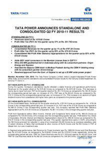 TATA POWER ANNOUNCES STANDALONE AND CONSOLIDATED Q2 FY[removed]RESULTS STANDALONE Q2 FY11: