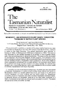 No. 87 OCTOBER 1986 The Tasmanian Naturalist Registered by Australia Post - Publication No. TBH0495