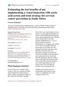 Wikiversity Journal of Medicine  vol. 2, no. 1, August 2015 Estimating the lost benefits of not implementing a visual inspection with acetic