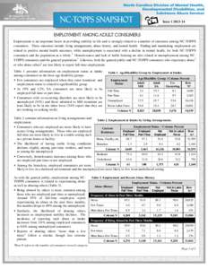 Issue[removed]Employment among Adult consumers Employment is an important factor in providing stability in life and is strongly related to a number of outcomes among NC-TOPPS consumers. These outcomes include living a