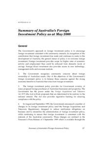 APPENDIX A  Summary of Australia’s Foreign Investment Policy as at MayGeneral